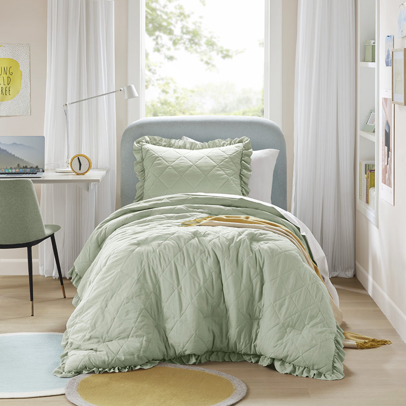 Phoebe Diamond Quilted Ruffle Edge Comforter Set, Twin / Twin XL Comforter +1 Standard Sham, Sage