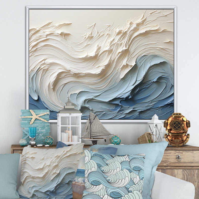 «White and Blue Wave Papercut Style - Coastal Waves», reproduction d'art sur toile (sans texture), H 30 po x l 40 po, Blanc