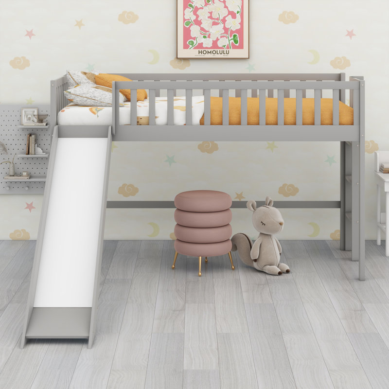 Low Loft Bed With Ladder And Slide, Gray