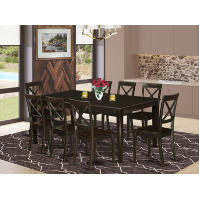 Ensemble de table de salle à manger 9 pièces comprenant une table de salle à manger rectangulaire avec piédestal et 8 chaises en bois, cappuccino de 42 po x 72 po