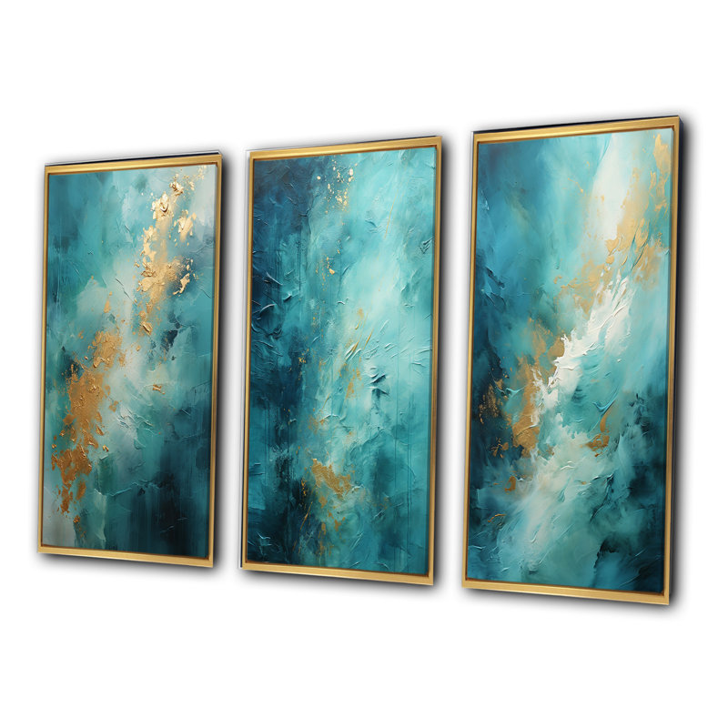 «Turquoise Tranquility», 3 pièces sur toile, H 20 po x l 36 po, Encadrement doré