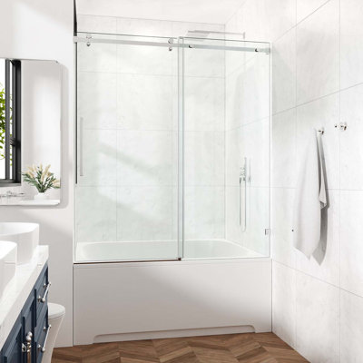 Porte de douche coulissante à panneau simple sans cadre l 50 à 54 po x H 66 po avec structure en acier inoxydable chromé et verre trempé de 3/8 po