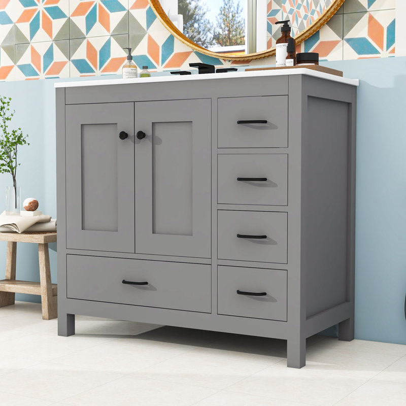Meuble-lavabo simple autoportant contemporain avec lavabo en céramique et grand rangement, Gris