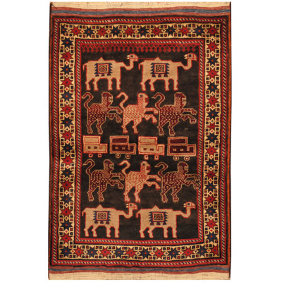 Tapis en laine rouge/brun/beige 3 pi 1 po x 4 pi à la main one-of-kind noué la Prentice