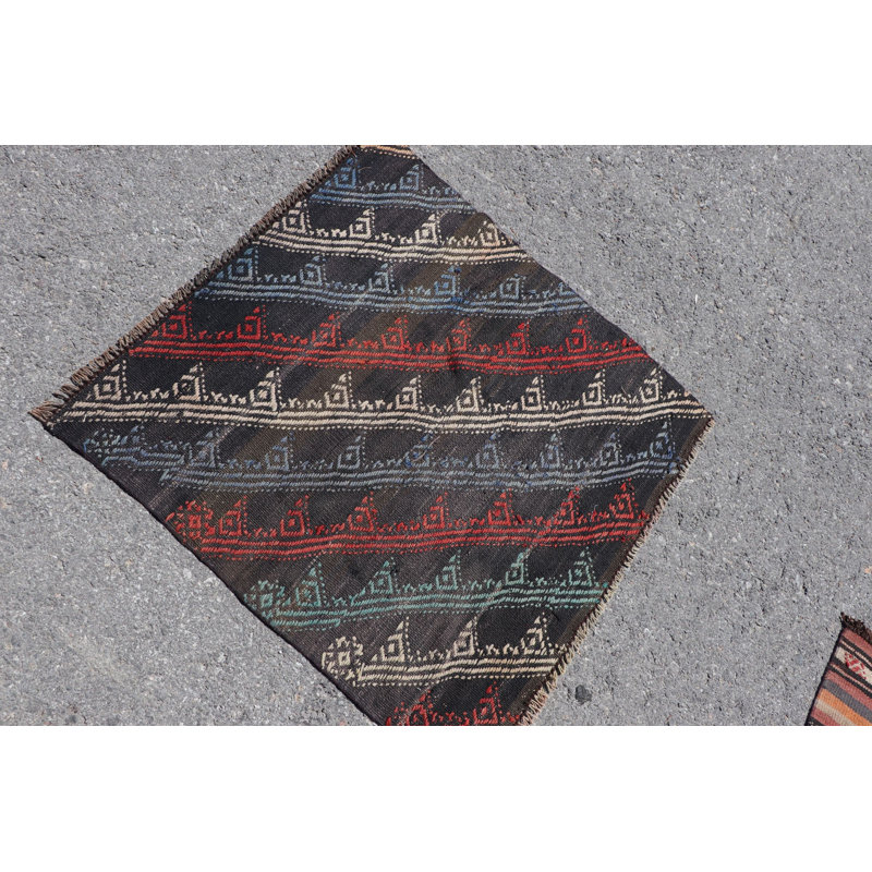 Handwoven Wool Vintage Turkish Kilim Door Mat Featuring Unique Ethnic Design and Multicolor Geometric Pattern for Bohemian Decor
