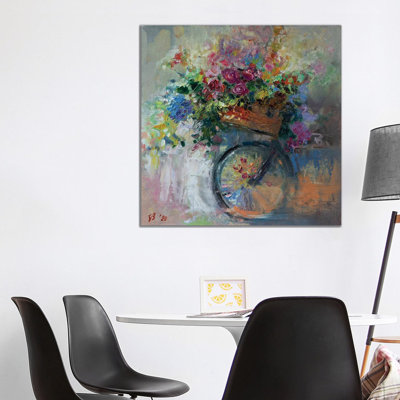 Bicycle Basket With Flowers by Katharina Valeeva - Wrapped Canvas Painting