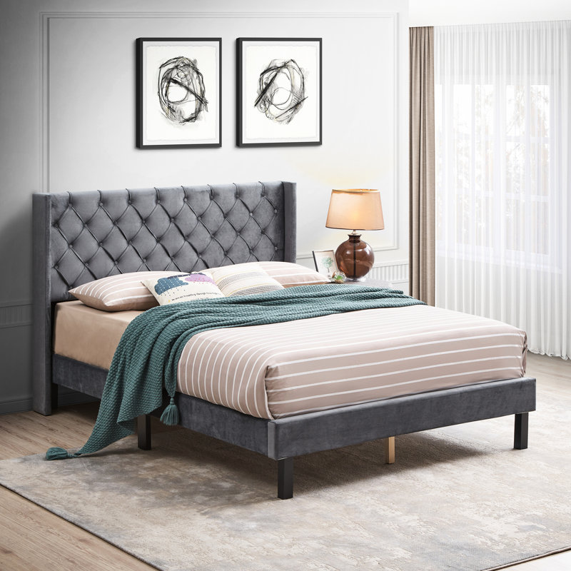 Velvet Button Queen Bed - Solid Wood Slat Foundation Charcoal Gray Platform With Detail And Dependable Base, Queen