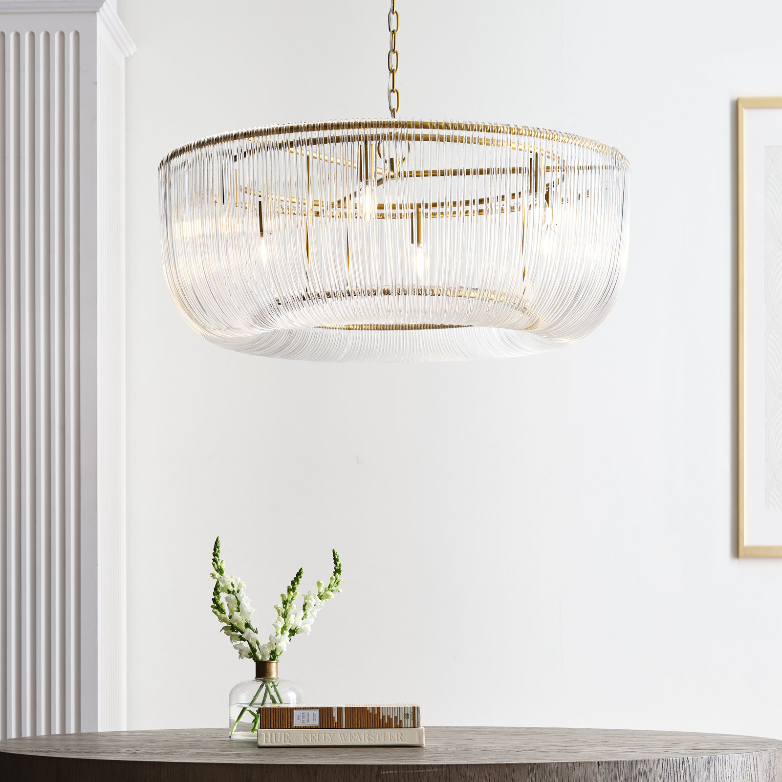 Chapman & Myers Pierce 6 Light Dining Room Pendant With Clear Shade, Burnished Brass, 83.5" H x 42" W x 42" D