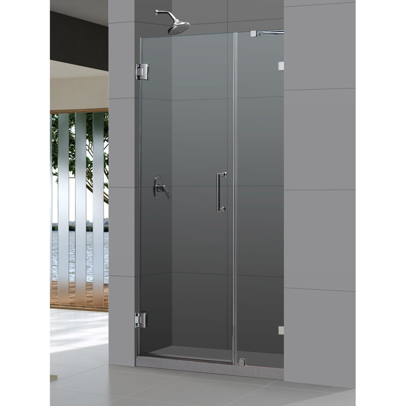 UnidoorLux Frameless Hinged Shower Door, Brushed Nickel, 43" (29" door & 14" panel)