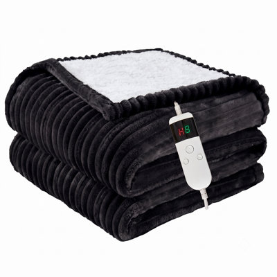 Jeté chauffant électrique en flanelle et en sherpa avec 10 niveaux de chauffage rapide, arrêt automatique 8 heures, protection contre la surchauffe, lavable à la machine, noir, 50 po x 60 po