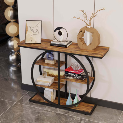 Console industrielle de 41,3 pouces pour le vestibule, table de canapé avec tablettes de rangement et base circulaire, mobilier décoratif brun rustique pour le couloir, le vestibule, l'entrée et le salon