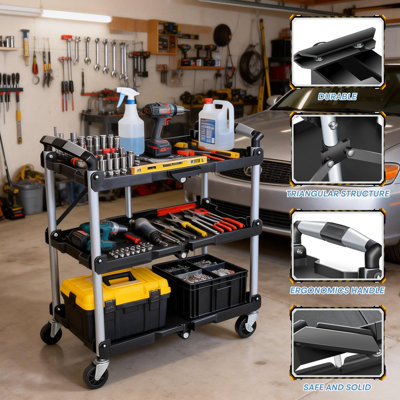 Chariot de service roulant pliant à 3 niveaux, chariot utilitaire pliable d'une capacité de 265 lb avec roues pivotantes à 360 ° pour entrepôt, atelier et restaurant