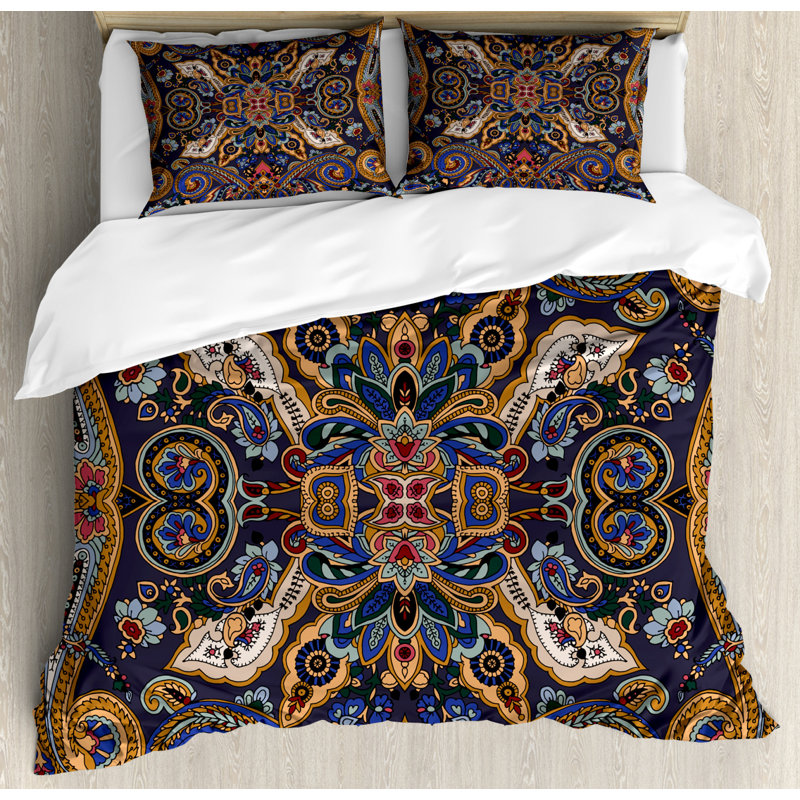 Queen Blue and Brown Microfiber Paisley Duvet Cover Set