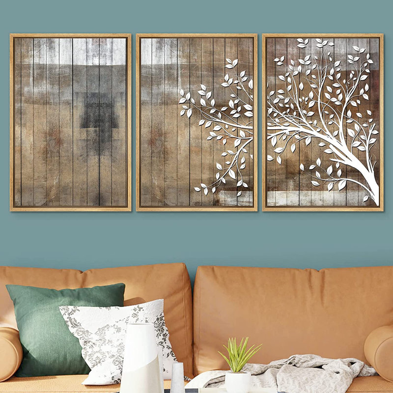 «White Tree Silhouette and Color Blocks», reproduction sur toile flottante 3 pièces, Naturel, H 36 po x l 72 po 