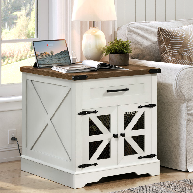 Table d'appoint de style campagnard avec table de charge et table de chevet 23,6 po, Blanc/noyer