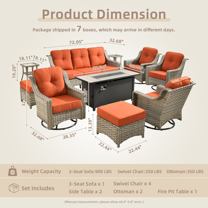 10 Pieces Patio Furniture Set With 53" Fire Pit Table, Outdoor Wicker Swivel Rocking Chairs With Comfy Cushions, All-weather High Back Sofa Couch Set For Backyard Or Lawn