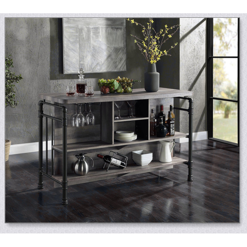 Îlot de cuisine à 5 tablettes en chêne antique et sable avec plateau de table robuste et pieds en métal pour le rangement et la durabilité