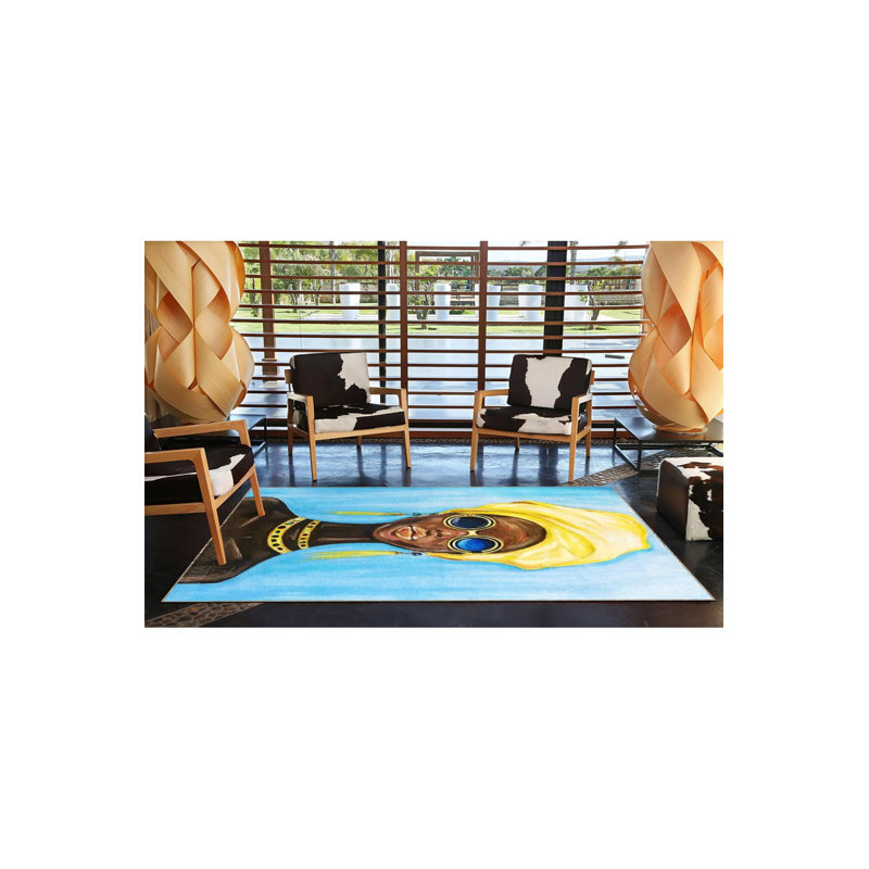 Tapis décoratif bleu à motif de visage jaune, Sous-tapis rectangulaire 5 pi 1 po x 7 pi 7 po inc