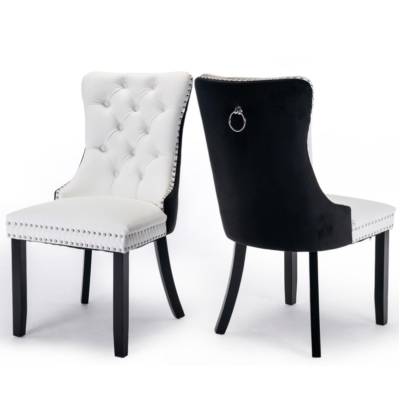Chaise de salle à manger en velours avec anneau à dossier et pieds en bois massif, Noir / blanc, Noir, 2