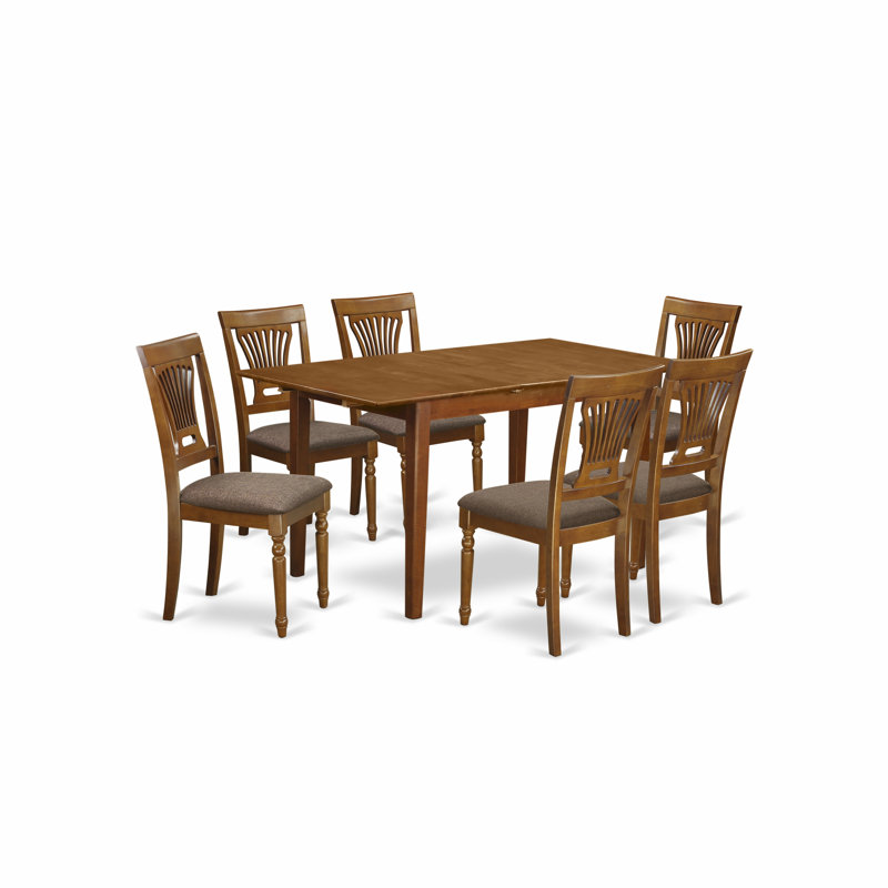 7 Piece Dining Table Set Consist of a Rectangle Dining Room Table with Butterfly Leaf and 6 Linen Fabric Chairs, Saddle Brown