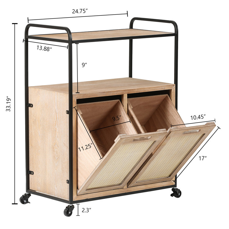 Natural Wood and Rattan Mobile Storage Cart with Wheels