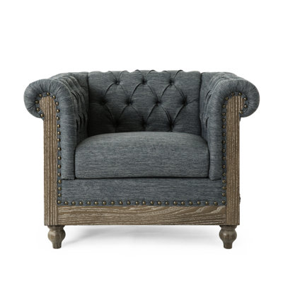 Club Chair Featuring Charcoal Cloth, Deep Tufting, Scrolled , Nailhead Trim, Birch Wood Leg Structure Classy Fabric, Elaborate Curved Accents, Legs