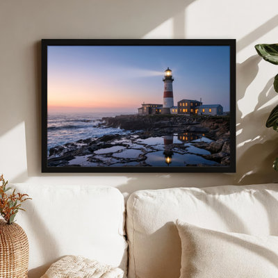 Art mural sur toile noir encadré pour le salon, la chambre à coucher, le bureau ou le vestibule - décoration murale décorative avec coucher de soleil phare