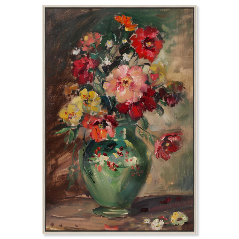 Art floral sur toile, vase vert, Cadre argenté, H 25 po x l 17 po