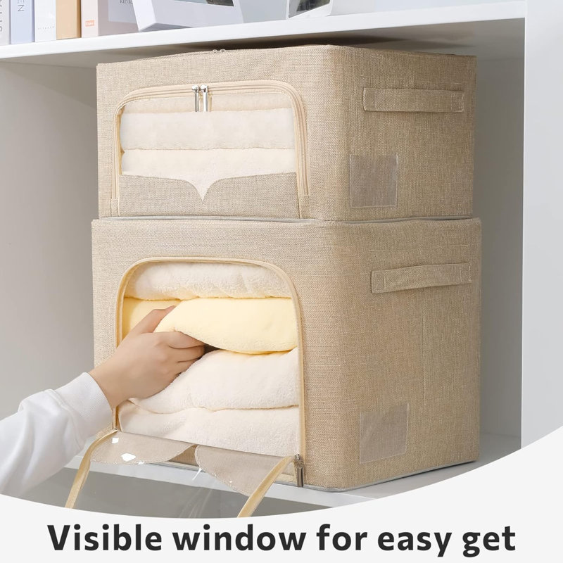 3 Pack Clothes Storage Bins Foldable Metal Frame Storage Box Stackable Linen Fabric Organizer Set With Carrying Handles And Clear Window