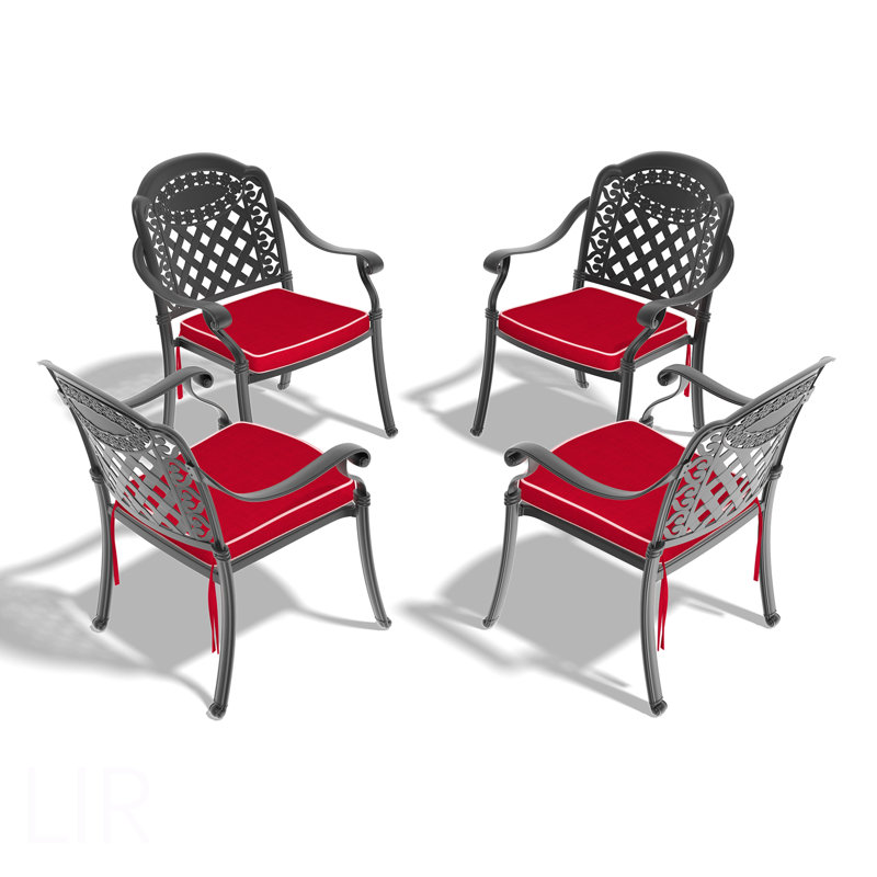 Chaise de patio en fonte d'aluminium 4 pièces avec cadre noir et coussins rouges (identique à W1710S00505), chaise