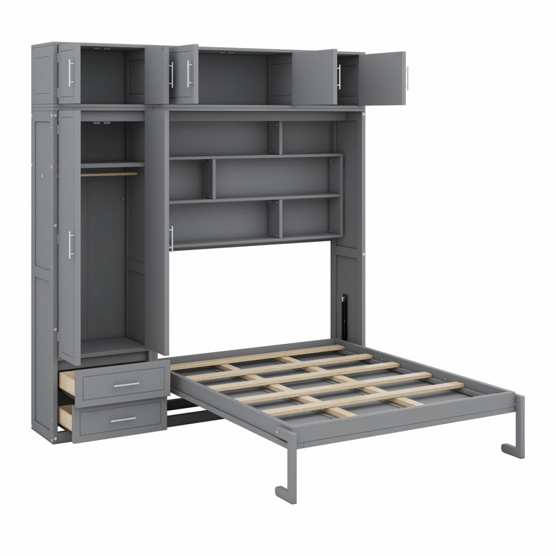 Grand lit escamotable escamotable grand format avec armoire supérieure, tablettes et garde-robe, Gris