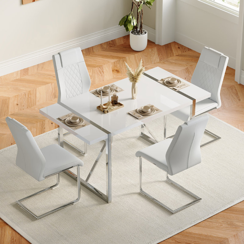 Minday Double Pedestal Dining Set, White/Silver, Silver, 5
