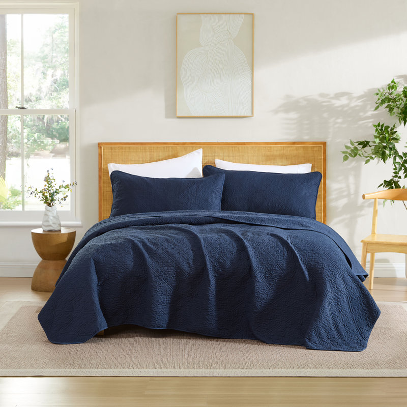 HLC.ME Lorenzo - 3 Piece Set, Lightweight King Bedspread Coverlet Quilt Set, Queen Quilt + 2 Queen Shams, Navy Blue