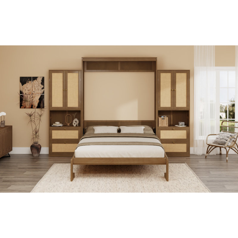 Bois massif avec armoire-lit escamotable avec 2 tablettes de rangement latérales, Noyer, Grand lit