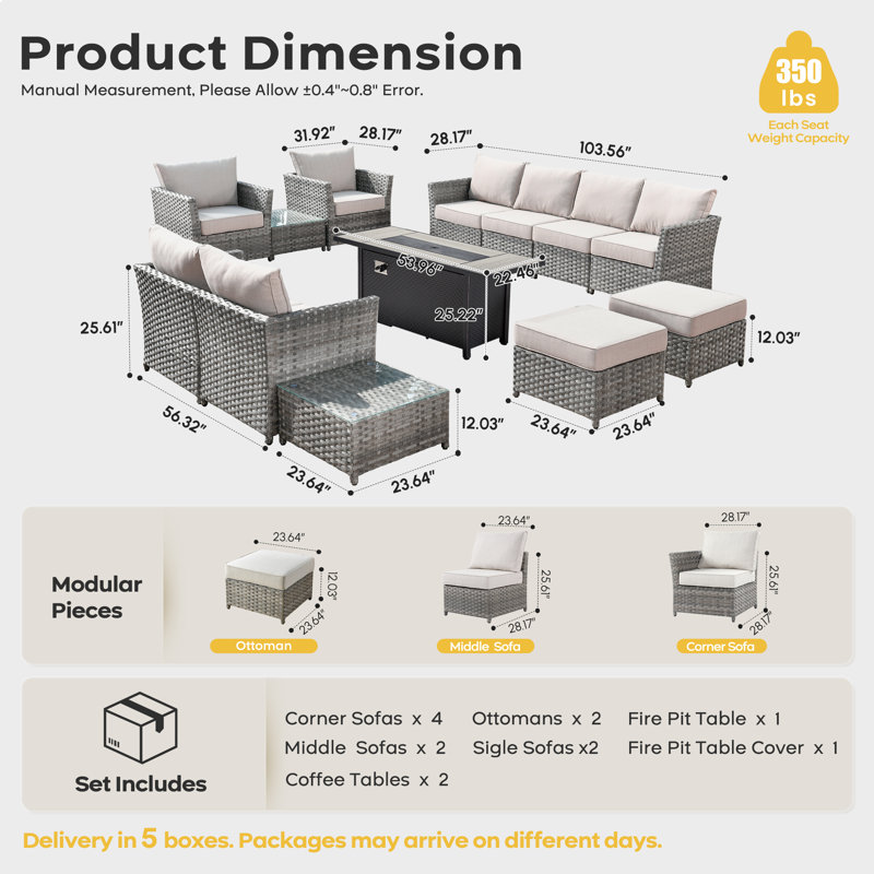 Briela 8 - Person Outdoor Seating Group with Cushions with Fire Pit table No Assembly Required, Beige, Yes