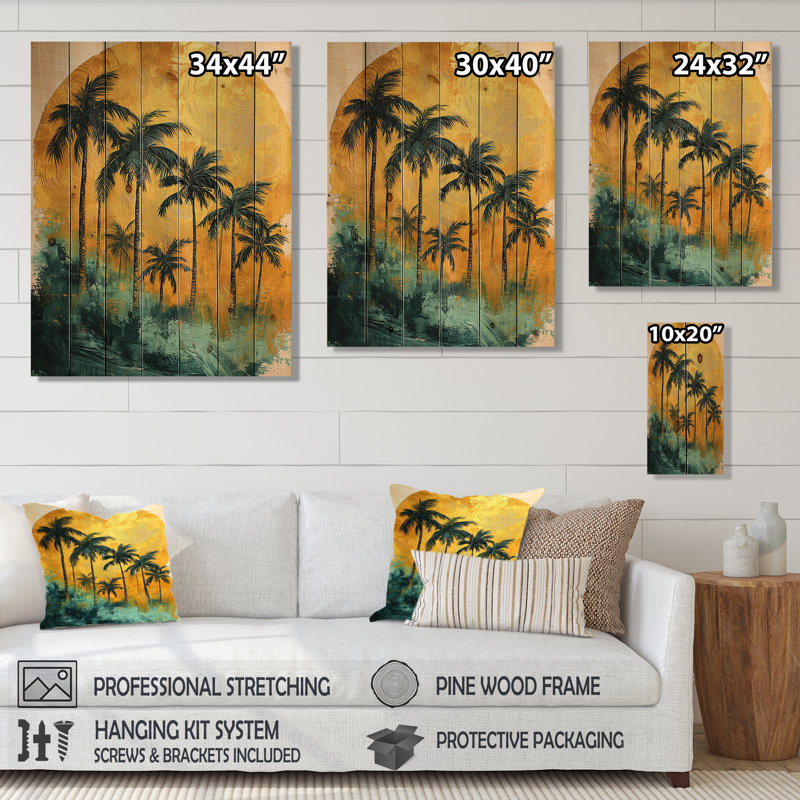 Emerald Palm Trees On Golden Tropical Sunrise I - Palms & Palm Trees Wood Wall Art, 20" H x 10" W x 0.78" D