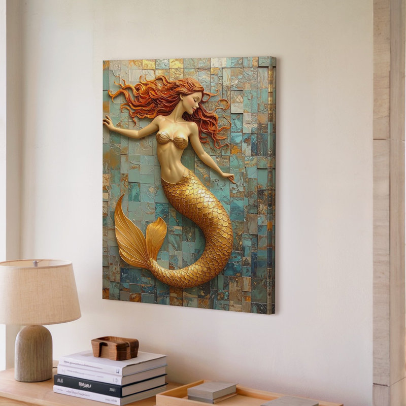 «Golden Mermaid Sculpture», toile d'art dynamique d'élégance océanique, H 16 po x l 20 po