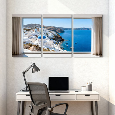 Scènes et paysages urbains bâtiments blancs, dômes bleus, vue sur la mer, paysage de montagne, ciel clair, ensemble de 3 impressions sur toile
