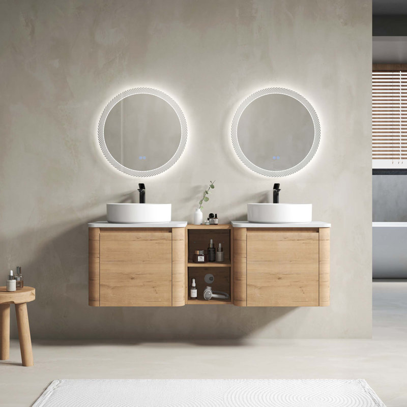 Meuble-lavabo mural 60 po avec lavabo d'art en céramique et 1 tablette de rangement, porte à fermeture en douceur