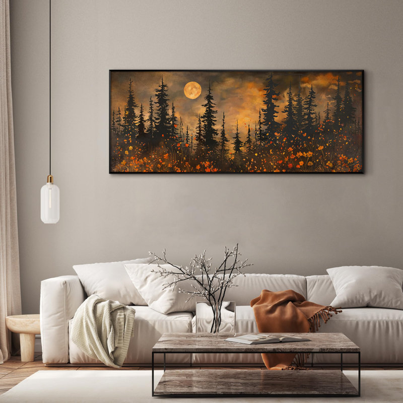 Très grande reproduction d'art sur toile - Forêt rétro avec illustrations de pleine lune et de fleurs sauvages pour le salon ou la chambre à coucher - «Assemblage requis du cadre (cadre non fini)»