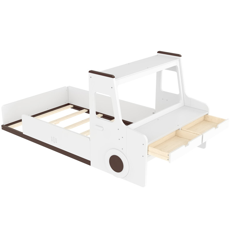 Lit de voiture blanc simple - multifonctionnel pour la salle de jeu en forme de voiture avec tiroirs de rangement, fenêtre et bureau