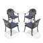 Chaise de patio de 4 pièces en fonte d'aluminium, coussins bleus à structure noire, moulage traditionnel à motif de pétales, thermolaquage et résistance à la corrosion, siège confortable, rangement facile et empilable, protection contre le soleil