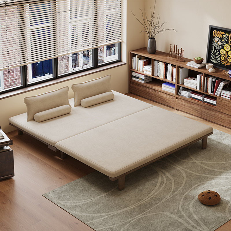 Canapé-lit standard beige et brun en coton et lin et bois massif, H 16,93 po x l 70,87 po x P 41,73 po