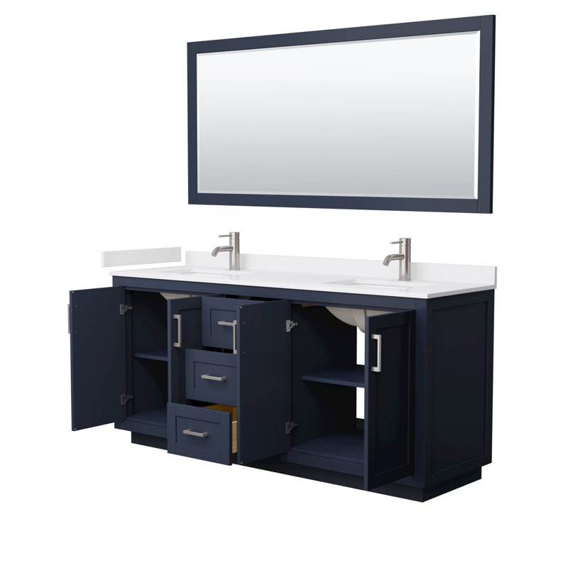 Miranda 72" Freestanding Double Bathroom Vanity with Cultured Marble Top with 70" Mirror, White Cultured Marble, Dark Blue