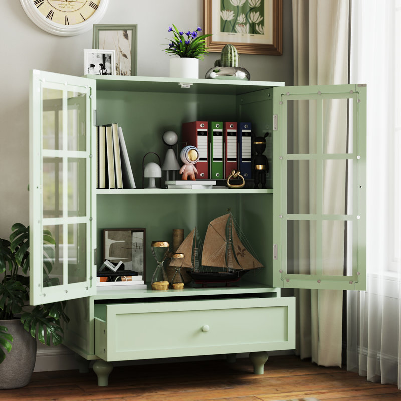 Dining Room Cabinet With Double Glass Doors And Drawer. Construction, Solid Wood Leg Support, Tempered Windows. Adjustable Shelf Configuration, Functional Drawer Storage. 28''D15''w38''h, 48.4 Lbs