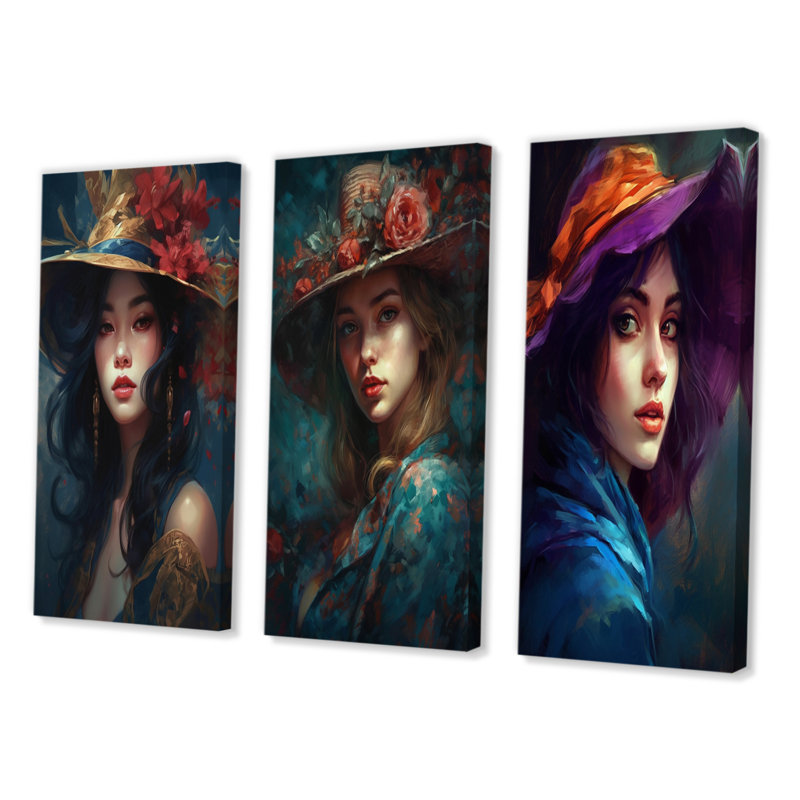 «Woman In Vintage Hat», 3 pièces sur toile, Toile tendue, H 32 po x l 48 po