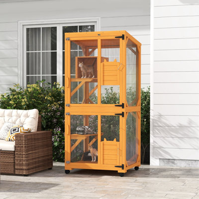 71" Wooden Cat House With High-up Concealment Box, Large , Asphalt Roof, Indoor & Outdoor, Orange House, Extraordinary Durability, For 1-3 Cats,