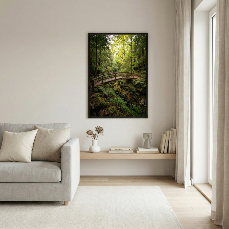Toile noire encadrée en bois noir pour le salon, la chambre à coucher, le bureau ou le vestibule - décoration murale décorative avec pont de forêt