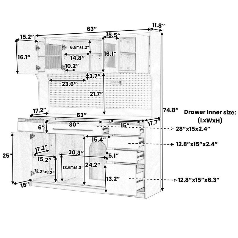 Buffet autoportant avec plateau 5 armoires avec tablettes réglables, panneau perforé, porte-serviettes, prise de courant