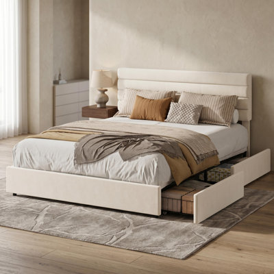Queen Upholstered Bed Frame with 4 Drawers Storage - Modern Horizontal Tufted Velvet Headboard, Platform Bed No Box Spring Required, Engineered Wood, White